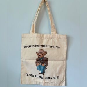 Canvas Tote Bag with Cowboy Bear Graphic - Cream